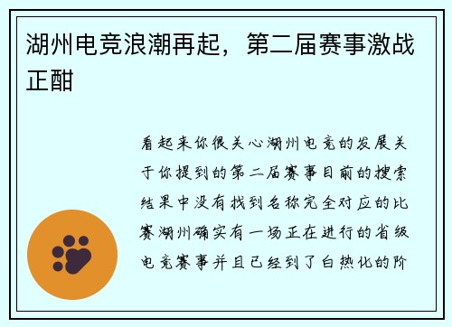 湖州电竞浪潮再起，第二届赛事激战正酣