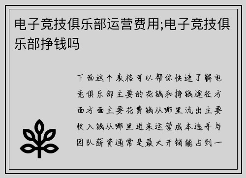 电子竞技俱乐部运营费用;电子竞技俱乐部挣钱吗